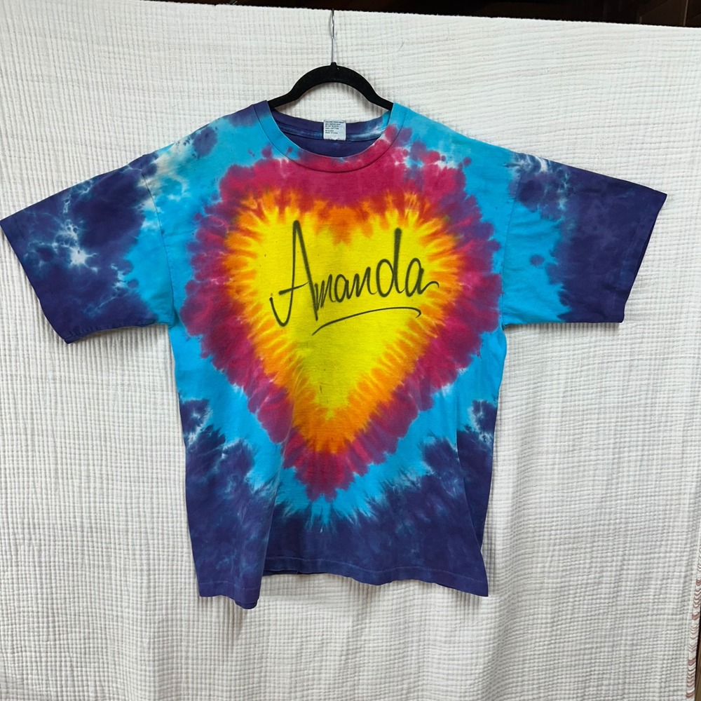 Vtg 90s Sundog Tie Dye T Shirt XL Single Stitch Hand Dyed Rainbow Heart Amanda